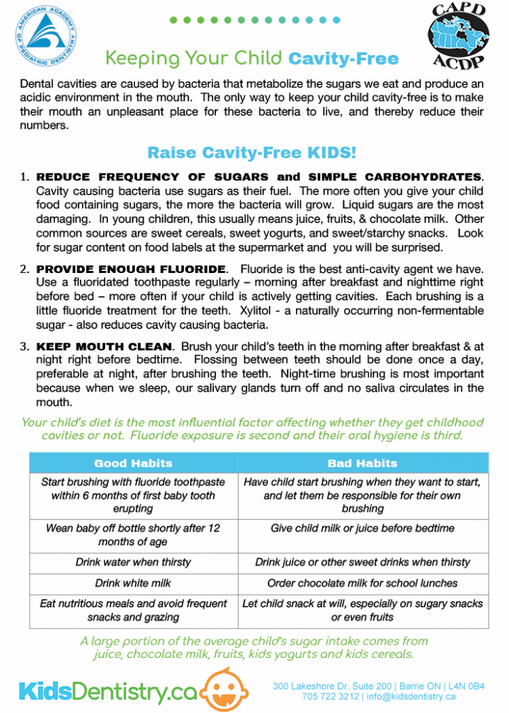 Keeping Your Child Cavity-Free: reduce sugar frequency, provide enough fluoride, and keep the mouth clean